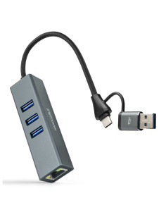 Nanocable Conversor USB-C+USB-A/M 3.0 a Ethernet + 3xUSB-A 3.0, Aluminio, Gris, 15 cm