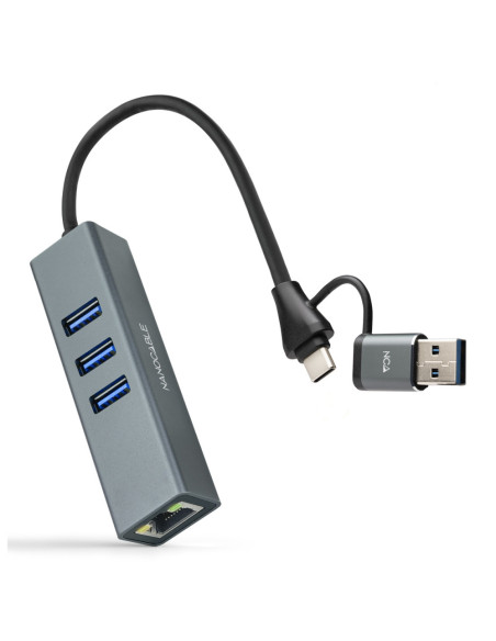Nanocable Conversor USB-C+USB-A/M 3.0 a Ethernet + 3xUSB-A 3.0, Aluminio, Gris, 15 cm