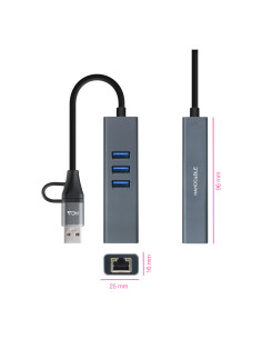 Nanocable Conversor USB-C+USB-A/M 3.0 a Ethernet + 3xUSB-A 3.0, Aluminio, Gris, 15 cm 2