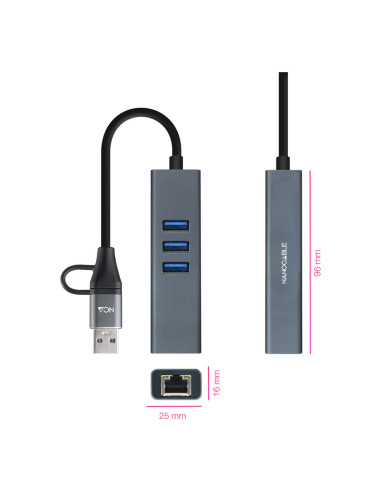 Nanocable Conversor USB-C+USB-A/M 3.0 a Ethernet + 3xUSB-A 3.0, Aluminio, Gris, 15 cm