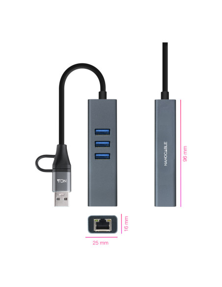 Nanocable Conversor USB-C+USB-A/M 3.0 a Ethernet + 3xUSB-A 3.0, Aluminio, Gris, 15 cm
