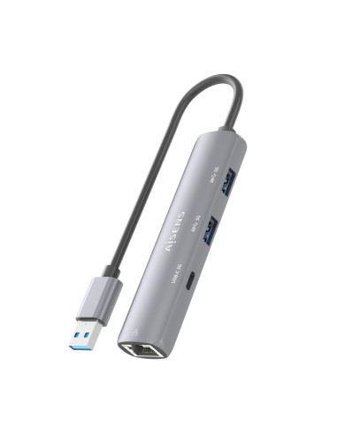 AISENS USB3.0 Dock USB-A A Ethernet Gigabit + Hub 1xUSB-C+2xUSB-A, Gris, 15cm
