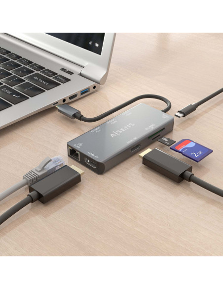 AISENS ASUC-9P018-GR base para portátil y replicador de puertos Alámbrico USB 3.2 Gen 1 (3.1 Gen 1) Type-C