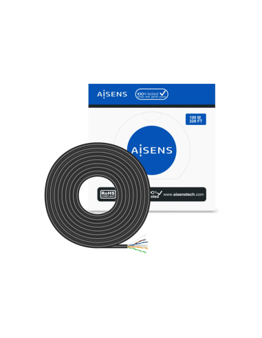 AISENS Cable de Red Exterior Impermeable RJ45 Cat.6 UTP Rígido CCA AWG23, Negro, 100M