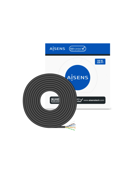 AISENS Cable de Red Exterior Impermeable RJ45 Cat.6 UTP Rígido CCA AWG23, Negro, 100M