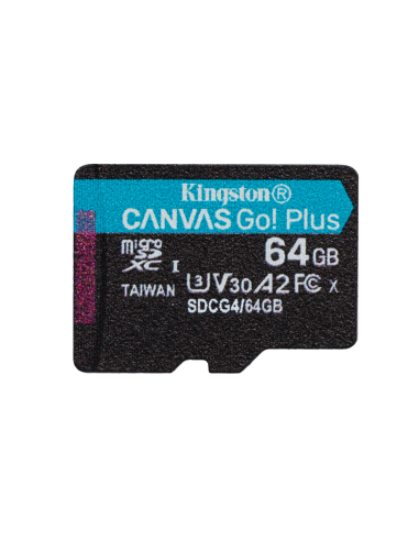 Kingston Technology Tarjeta microSDXC Canvas Go Plus Gen4 de 64 GB, 200 MB/s, A2 U3 V30 y adaptador