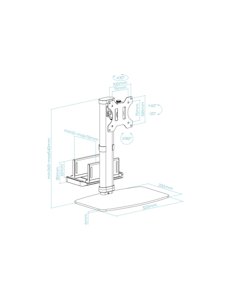 TooQ Soporte de mesa para pantallas 17”-27” con soporte integrado para CPU Ligera