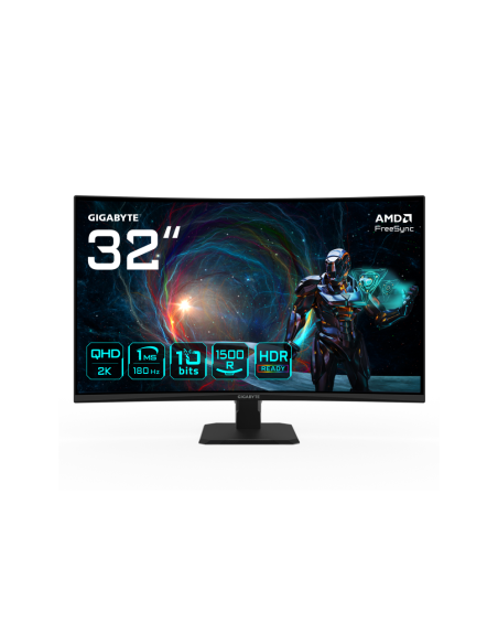 GIGABYTE GS32QCA 31.5" Monitor Curvo para Gaming QHD - 2560 x 1440, 180Hz, 1ms, 250 cd/m², FreeSync, HDR Ready, HDMI 2.0, Displa