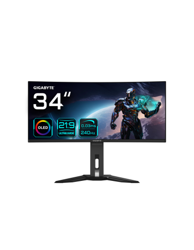 GIGABYTE Monitor de juegos curvo OLED WQHD MO34WQC2 de 34" - 3440 x 1440, 240Hz, 0.03ms, KVM, 250 cd/m², FreeSync Premium Pro, D