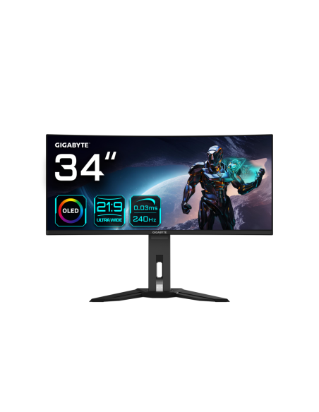 GIGABYTE Monitor de juegos curvo OLED WQHD MO34WQC2 de 34" - 3440 x 1440, 240Hz, 0.03ms, KVM, 250 cd/m², FreeSync Premium Pro, D