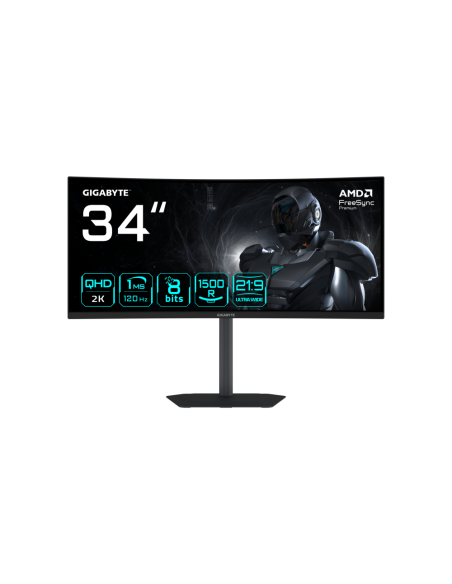 GIGABYTE GS34WQCA Monitor Gaming Curvo 34" WQHD – 3440 x 1440, 1500R, 120Hz, 1ms, 300 cd/m², FreeSync Premium, HDR Ready, HDMI 2