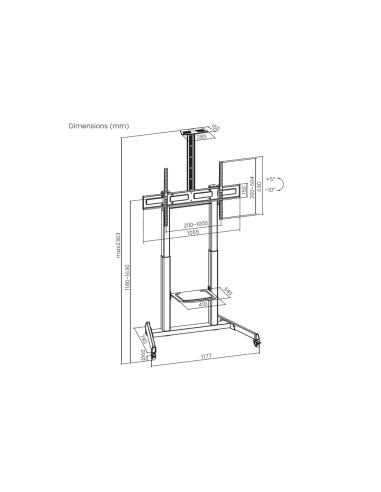 AISENS Soporte De Suelo Eco Con Ruedas Y Manivela, Bandeja Para DVD Y Soporte De Camara Para Monitor/TV 120kg De 60"-100", Negro