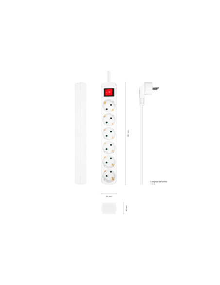 AISENS Base Multiple 6 Tomas Con Interruptor Con Cable 3x1.5mm2, Blanco, 1.4m