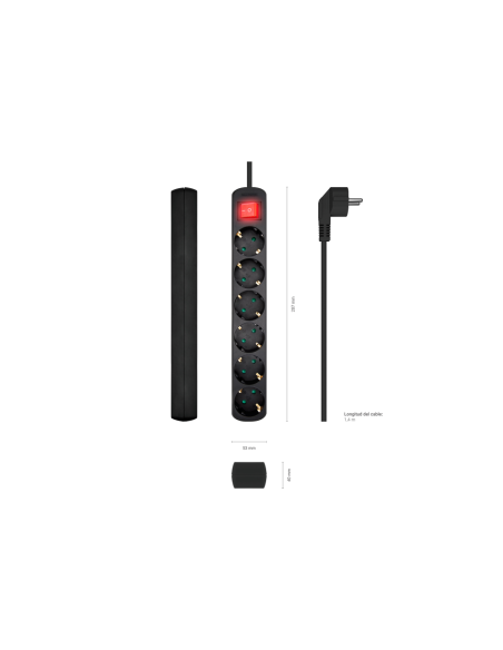 AISENS Base Multiple 6 Tomas Con Interruptor Con Cable 3x1.5mm2, Negro, 1.4m