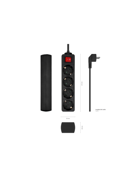 AISENS Base Multiple 4 Tomas con Interruptor con Cable 3×1.5mm2, Negro, 1.4 m