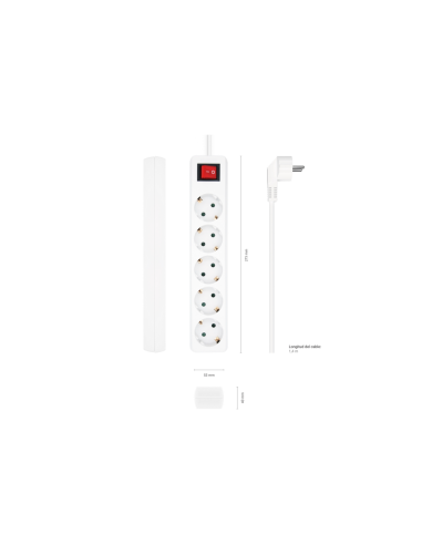 AISENS Base Multiple 5 Tomas con Interruptor con Cable 3×1.5mm2, Blanco, 1.4 m