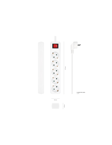 AISENS Base Multiple 5 Tomas con Interruptor con Cable 3×1.5mm2, Blanco, 1.4 m