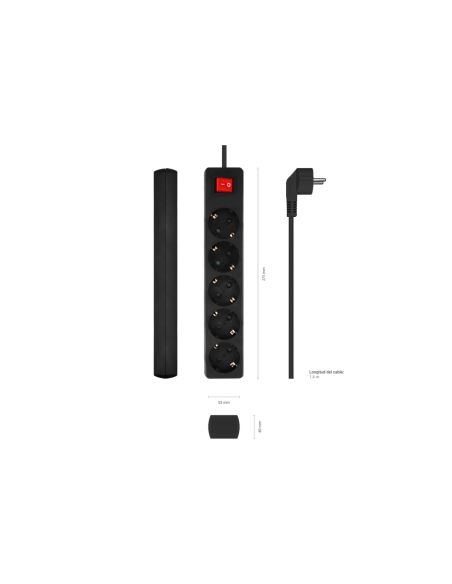 AISENS Base Multiple 5 Tomas con Interruptor con Cable 3×1.5mm2, Negro, 1.4 m