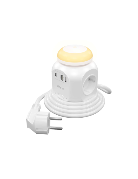 AISENS Regleta de Enchufes Sobremesa Multifuncion con 4 Tomas + 1xUSB-C 20W PD3.0, 2xUSB-A 18W QC3.0, Luz Nocturna, 1.8M, Blanco