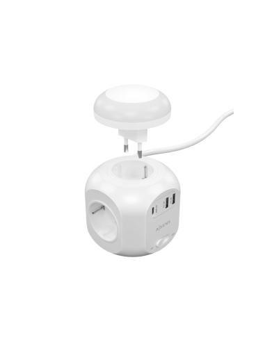 AISENS Regleta de Enchufes Sobremesa Multifuncion con 4 Tomas + 1xUSB-C 20W PD3.0, 2xUSB-A 18W QC3.0, Luz Nocturna, 1.8M, Blanco