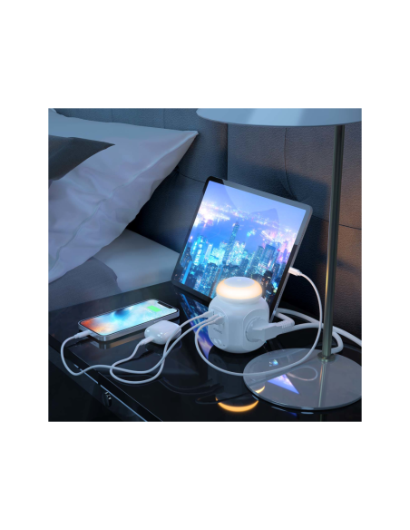 AISENS Regleta de Enchufes Sobremesa Multifuncion con 4 Tomas + 1xUSB-C 20W PD3.0, 2xUSB-A 18W QC3.0, Luz Nocturna, 1.8M, Blanco