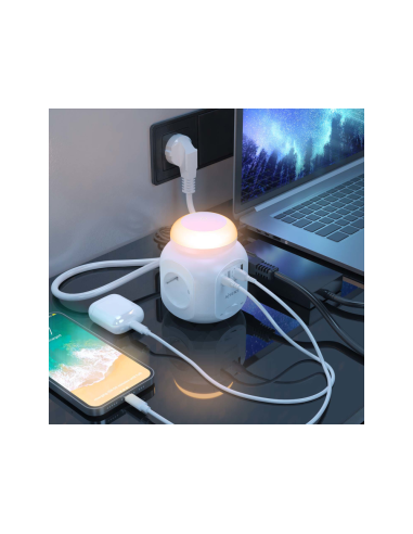 AISENS Regleta de Enchufes Sobremesa Multifuncion con 4 Tomas + 1xUSB-C 20W PD3.0, 2xUSB-A 18W QC3.0, Luz Nocturna, 1.8M, Blanco