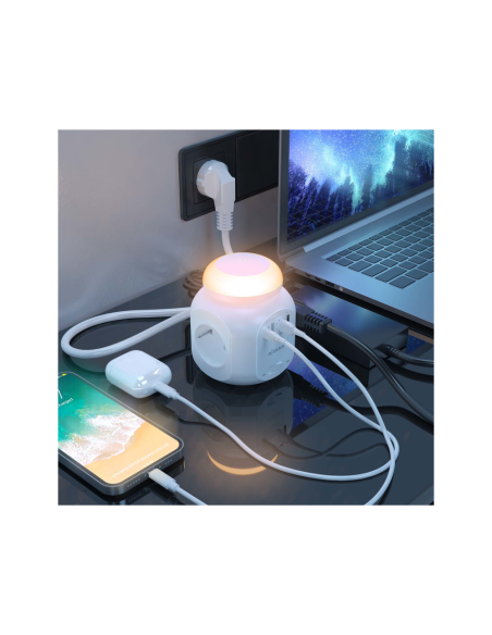 AISENS Regleta de Enchufes Sobremesa Multifuncion con 4 Tomas + 1xUSB-C 20W PD3.0, 2xUSB-A 18W QC3.0, Luz Nocturna, 1.8M, Blanco