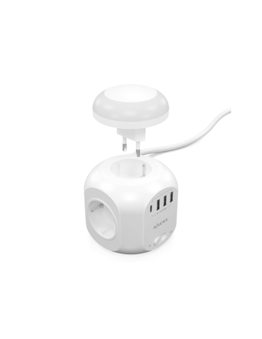 AISENS Regleta de Enchufes Sobremesa Multifuncion con 4 Tomas + 1XUSB-C, 3XUSB-A, Luz Nocturna, 1.8M, Blanco