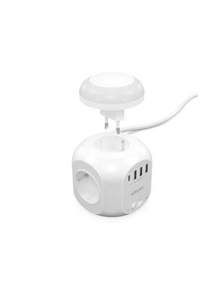 AISENS Regleta de Enchufes Sobremesa Multifuncion con 4 Tomas + 1XUSB-C, 3XUSB-A, Luz Nocturna, 1.8M, Blanco