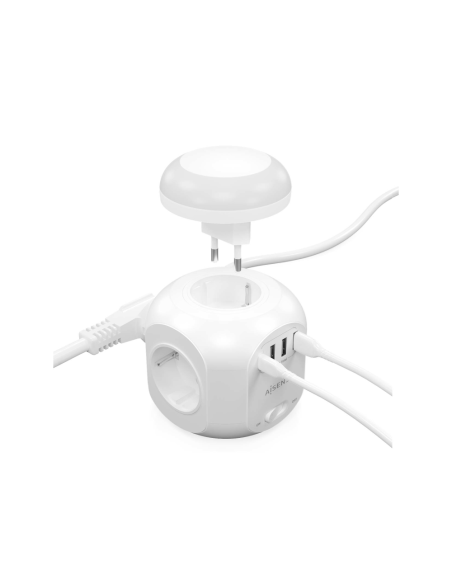 AISENS Regleta de Enchufes Sobremesa Multifuncion con 4 Tomas + 1XUSB-C, 3XUSB-A, Luz Nocturna, 1.8M, Blanco