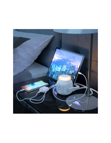 AISENS Regleta de Enchufes Sobremesa Multifuncion con 4 Tomas + 1XUSB-C, 3XUSB-A, Luz Nocturna, 1.8M, Blanco