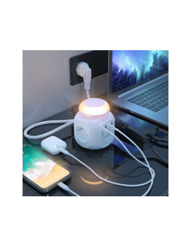 AISENS Regleta de Enchufes Sobremesa Multifuncion con 4 Tomas + 1XUSB-C, 3XUSB-A, Luz Nocturna, 1.8M, Blanco