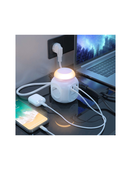 AISENS Regleta de Enchufes Sobremesa Multifuncion con 4 Tomas + 1XUSB-C, 3XUSB-A, Luz Nocturna, 1.8M, Blanco