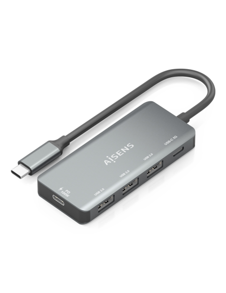 AISENS Hub USB 3.1 USB-C, USB-C/M-1xUSB-C PD 100W+1xUSB-C USB3.0/H+3xUSB-A USB2.0/H, Gris, 15cm