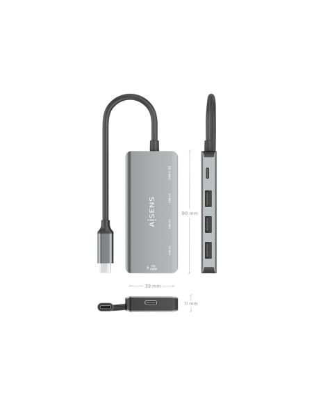 AISENS Hub USB 3.1 USB-C, USB-C/M-1xUSB-C PD 100W+1xUSB-C USB3.0/H+3xUSB-A USB2.0/H, Gris, 15cm