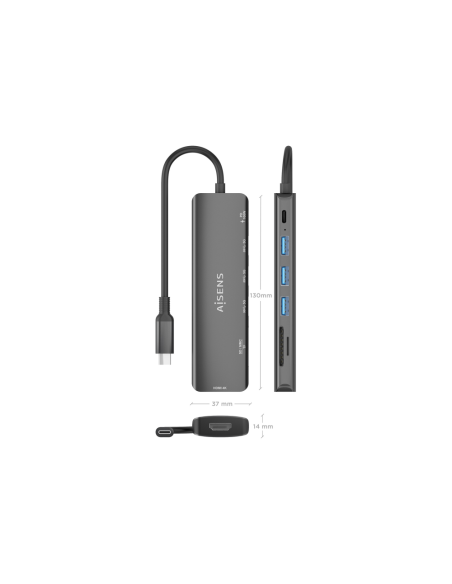 AISENS ASUC-7P025-GR base para portátil y replicador de puertos Alámbrico USB 3.2 Gen 1 (3.1 Gen 1) Type-C