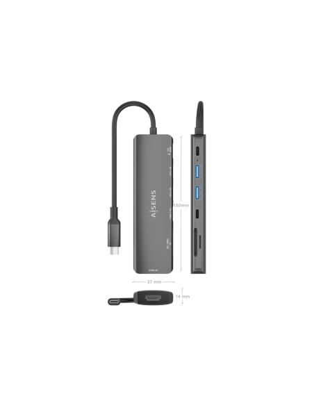 AISENS ASUC-7P026-GR base para portátil y replicador de puertos Alámbrico USB 3.2 Gen 1 (3.1 Gen 1) Type-C