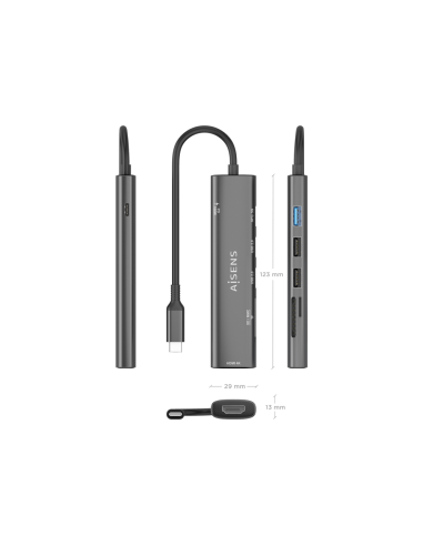 AISENS USB-C Dock 7 en 1, USB-C A, 1x HDMI, 2x USB-A USB2.0, 1x USB-A USB3.0, 1x USB-C PD 100W, 1x SD, 1x MicroSD, Gris, 15cm