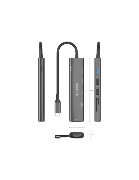 AISENS USB-C Dock 7 en 1, USB-C A, 1x HDMI, 2x USB-A USB2.0, 1x USB-A USB3.0, 1x USB-C PD 100W, 1x SD, 1x MicroSD, Gris, 15cm