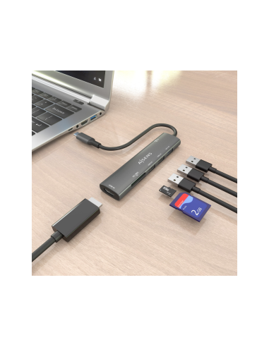 AISENS USB-C Dock 7 en 1, USB-C A, 1x HDMI, 2x USB-A USB2.0, 1x USB-A USB3.0, 1x USB-C PD 100W, 1x SD, 1x MicroSD, Gris, 15cm