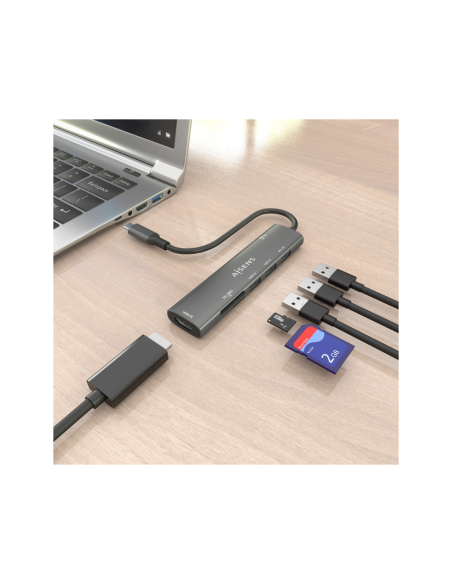 AISENS USB-C Dock 7 en 1, USB-C A, 1x HDMI, 2x USB-A USB2.0, 1x USB-A USB3.0, 1x USB-C PD 100W, 1x SD, 1x MicroSD, Gris, 15cm