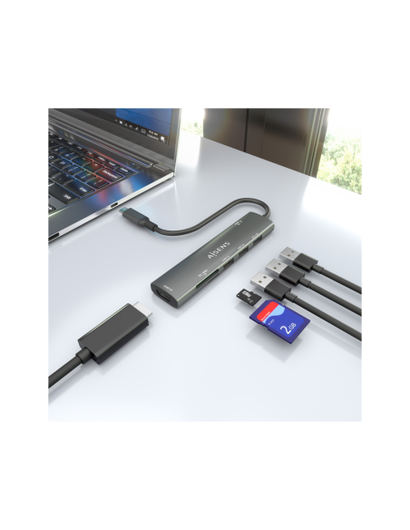 AISENS USB-C Dock 7 en 1, USB-C A, 1x HDMI, 2x USB-A USB2.0, 1x USB-A USB3.0, 1x USB-C PD 100W, 1x SD, 1x MicroSD, Gris, 15cm