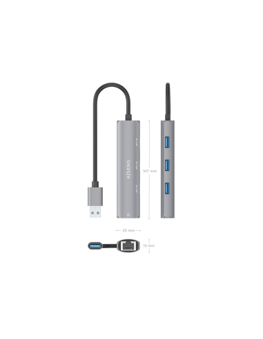 AISENS USB3.0 Dock USB-A A Ethernet Gigabit + Hub 3xUSB-A, Gris, 15cm