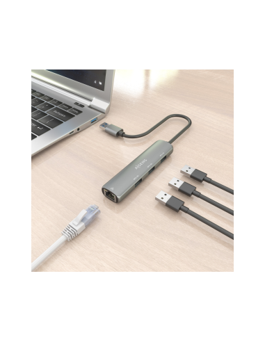 AISENS USB3.0 Dock USB-A A Ethernet Gigabit + Hub 3xUSB-A, Gris, 15cm