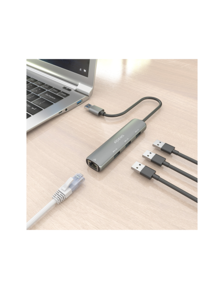 AISENS USB3.0 Dock USB-A A Ethernet Gigabit + Hub 3xUSB-A, Gris, 15cm