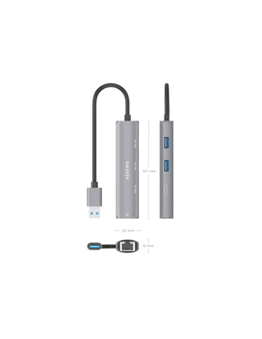 AISENS USB3.0 Dock USB-A A Ethernet Gigabit + Hub 1xUSB-C+2xUSB-A, Gris, 15cm