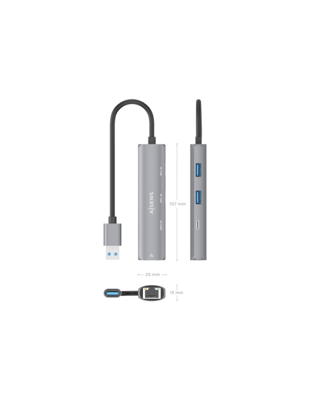 AISENS USB3.0 Dock USB-A A Ethernet Gigabit + Hub 1xUSB-C+2xUSB-A, Gris, 15cm