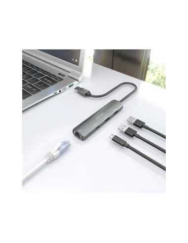 AISENS USB3.0 Dock USB-A A Ethernet Gigabit + Hub 1xUSB-C+2xUSB-A, Gris, 15cm