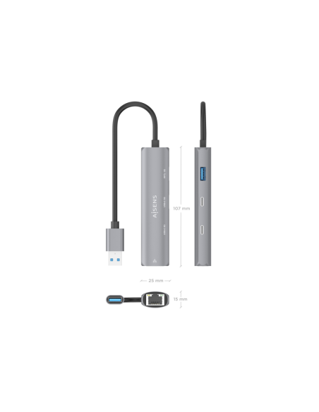 AISENS USB3.0 Dock USB-A A Ethernet Gigabit + Hub 2xUSB-C+1xUSB-A, Gris, 15cm