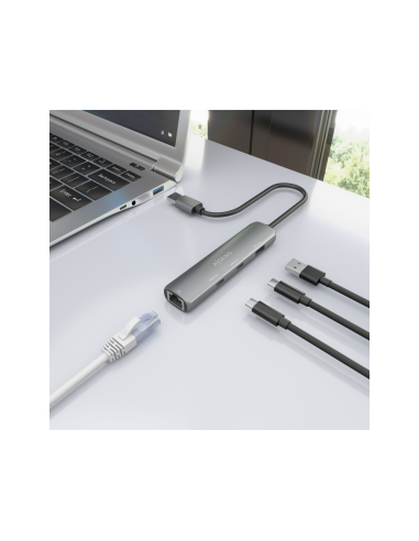 AISENS USB3.0 Dock USB-A A Ethernet Gigabit + Hub 2xUSB-C+1xUSB-A, Gris, 15cm